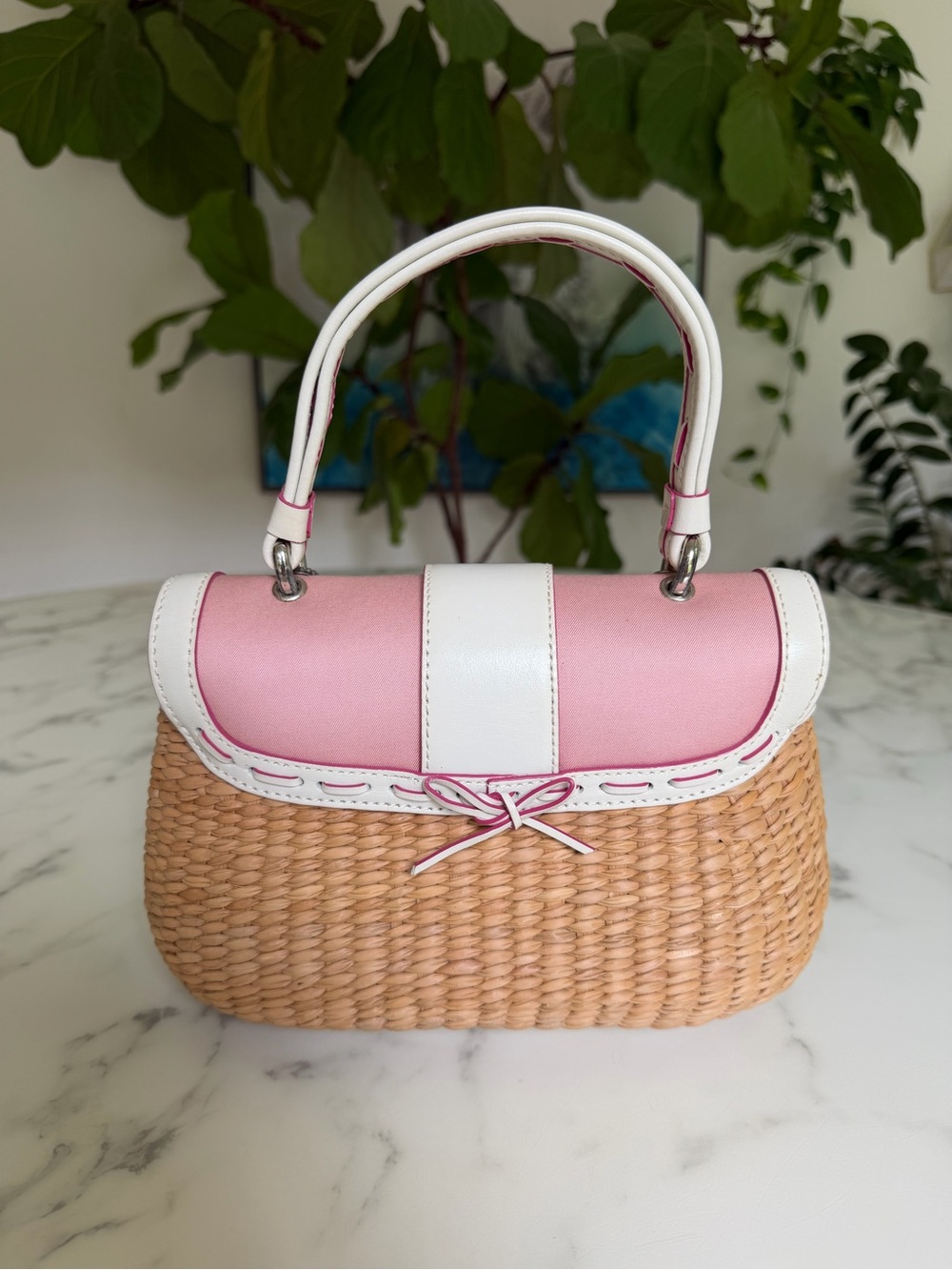 Coach Vintage Y2K Soho Straw Top Handle Basket Satchel Bag 6272 Pink White - Picture 5 of 16